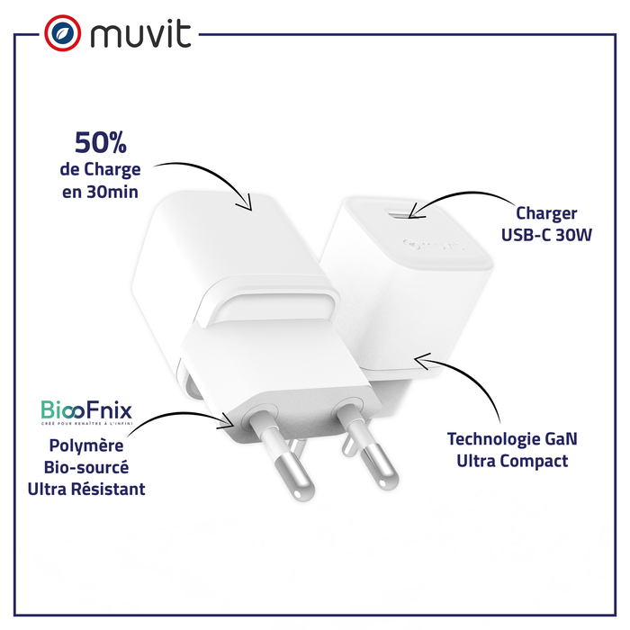 CHARGEUR SECTEUR GAN 30W USB-C BIOSOURCE BLANC