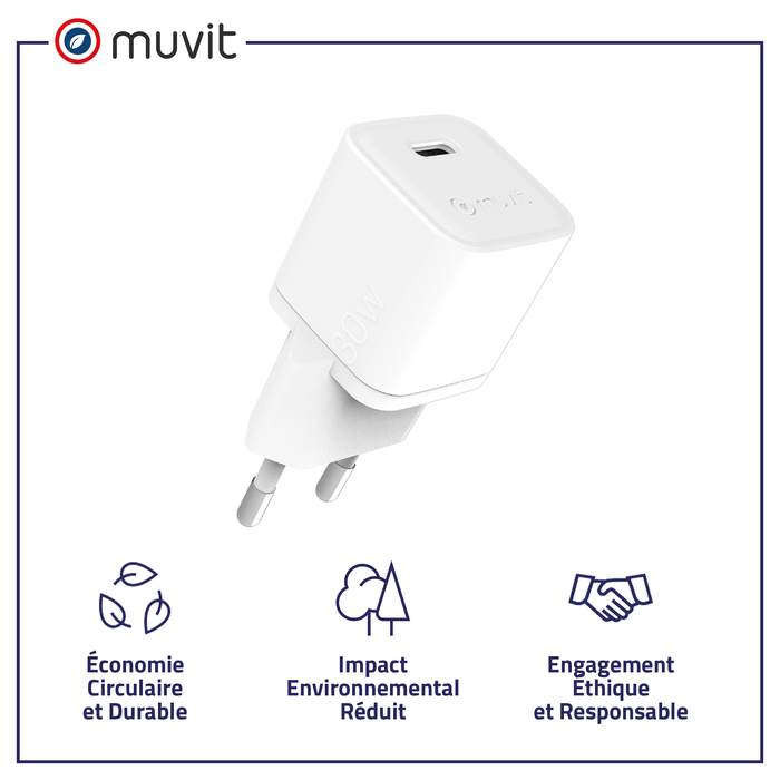 CHARGEUR SECTEUR GAN 30W USB-C BIOSOURCE BLANC
