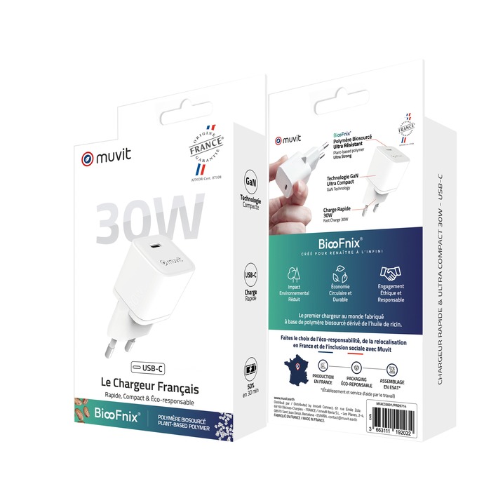 CHARGEUR SECTEUR GAN 30W USB-C BIOSOURCE BLANC