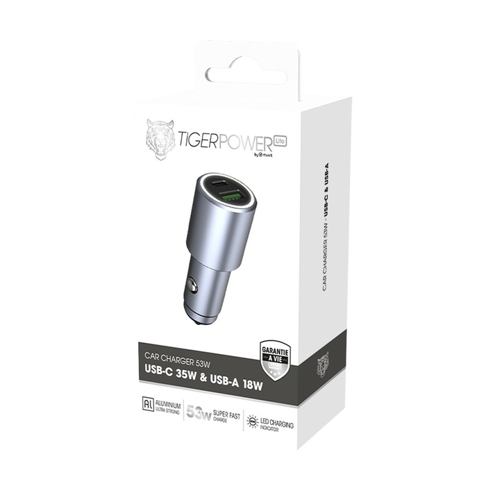 TIGER POWER LITE 53W USB-C 35W + USB-A 18W CARGADOR DE ALUMINIO PARA COCHE