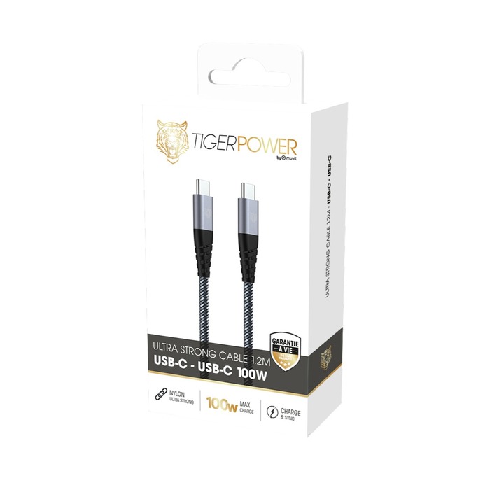 CABLE DE ALIMENTACIÓN TIGER ULTRA RESISTENTE USB-C USB-C 100W 1,2M GRIS