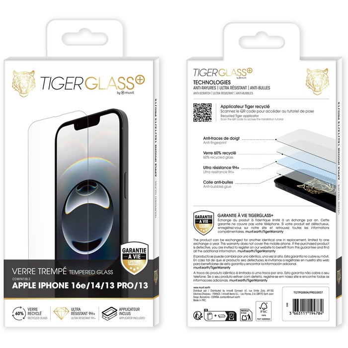 TIGER GLASS PLUS VERRE TREMPE RECYCLE IPHONE 16E/14/13 PRO/13
