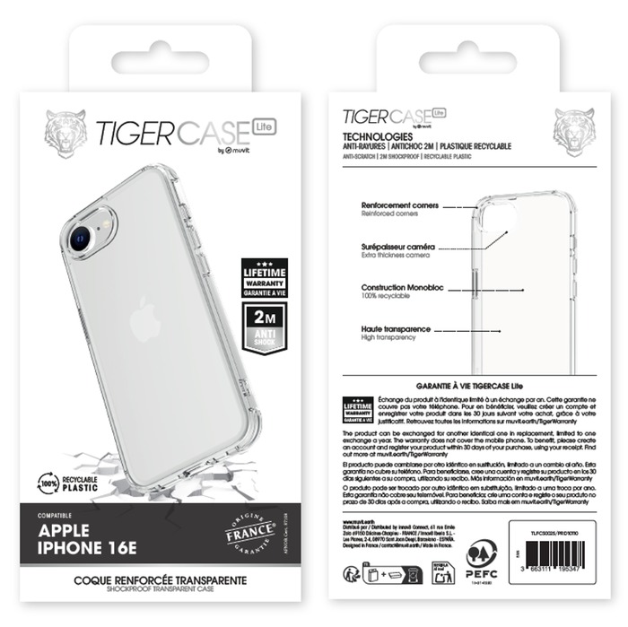 TIGER CASE LITE FRANCE COQUE TRANSPARENTE 2M APPLE IPHONE 16E