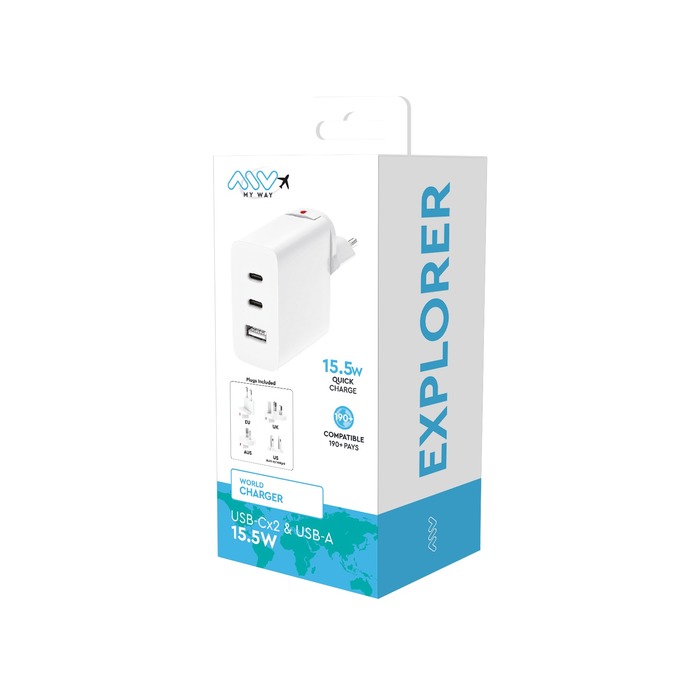 CHARGEUR SECTEUR MONDE EU/US/UK/AUS 15W 2 USB-C USB-A