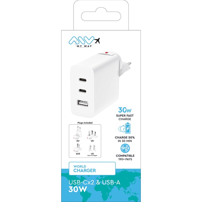 CHARGEUR SECTEUR MONDE EU/US/UK/AUS 30W 2 USB-C USB-A