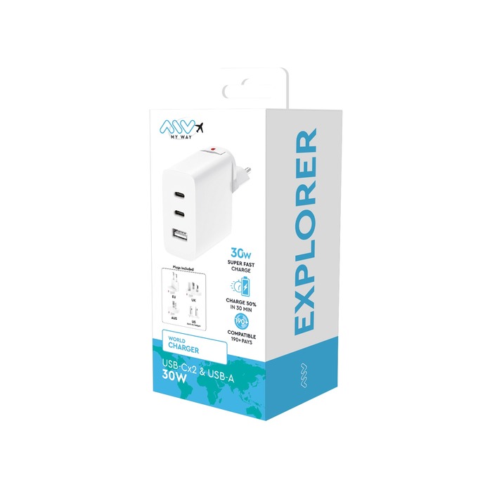 CHARGEUR SECTEUR MONDE EU/US/UK/AUS 30W 2 USB-C USB-A