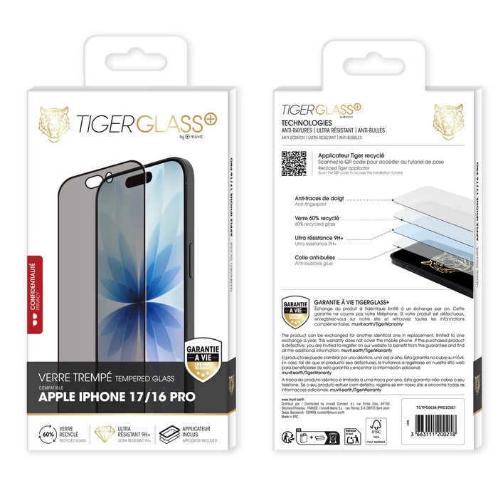 TIGER GLASS PLUS VERRE TREMPE RECYCLE CONFIDENTIEL IPHONE 17/16 PRO