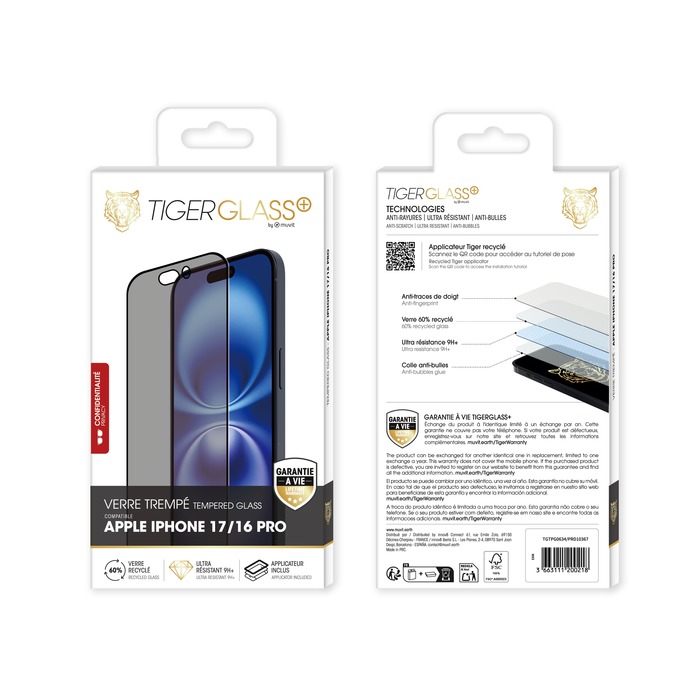 TIGER GLASS PLUS VERRE TREMPE RECYCLE CONFIDENTIEL IPHONE 17/16 PRO