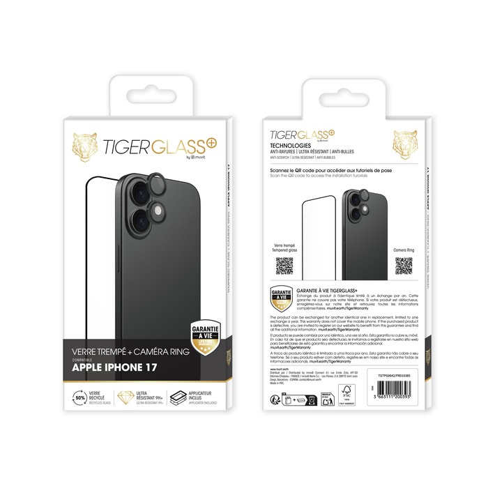 TIGER GLASS PLUS PACK CAMERA RING NOIR VT RECYCLE IPHONE 17