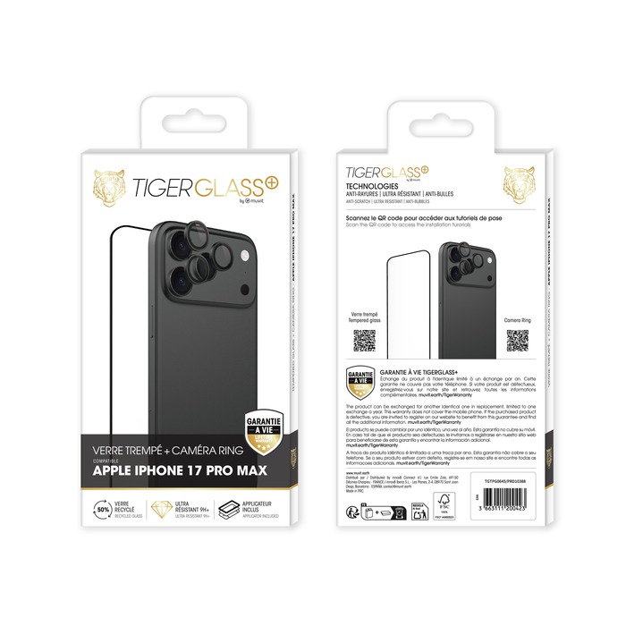 TIGER GLASS PLUS PACK CAMERA RING NOIR VT RECYCLE IPHONE 17 PRO MAX