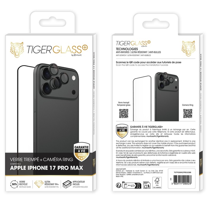 TIGER GLASS PLUS PACK CAMERA RING NOIR VT RECYCLE IPHONE 17 PRO MAX