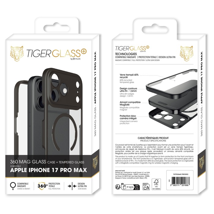 TIGER GLASS PLUS COQUE 360 MAGSAFE VERRE TREMPE IPHONE 17 PRO MAX