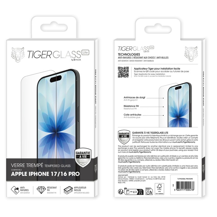 TIGER GLASS LITE VERRE TREMPE GARANTIE A VIE IPHONE 17/16 PRO