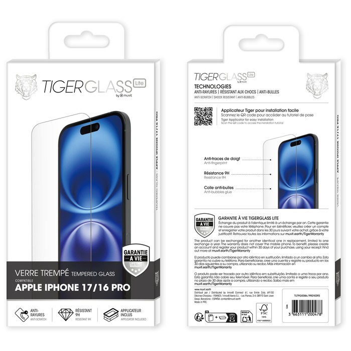 TIGER GLASS LITE VERRE TREMPE GARANTIE A VIE IPHONE 17/16 PRO