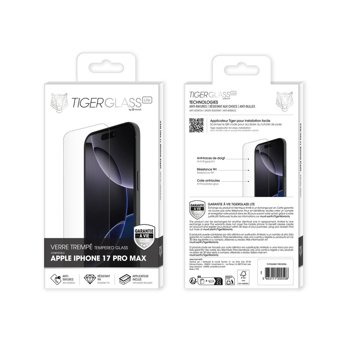 TIGER GLASS LITE VERRE TREMPE GARANTIE A VIE IPHONE 17 PRO MAX