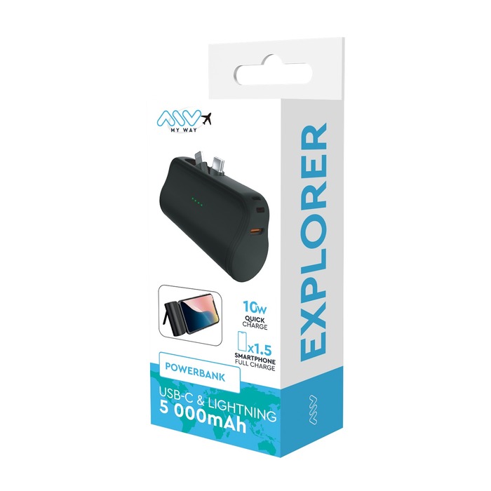 POWERBANK 5000MAH MINI 2EN1 USB-C + LIGHTNING 10W NOIR