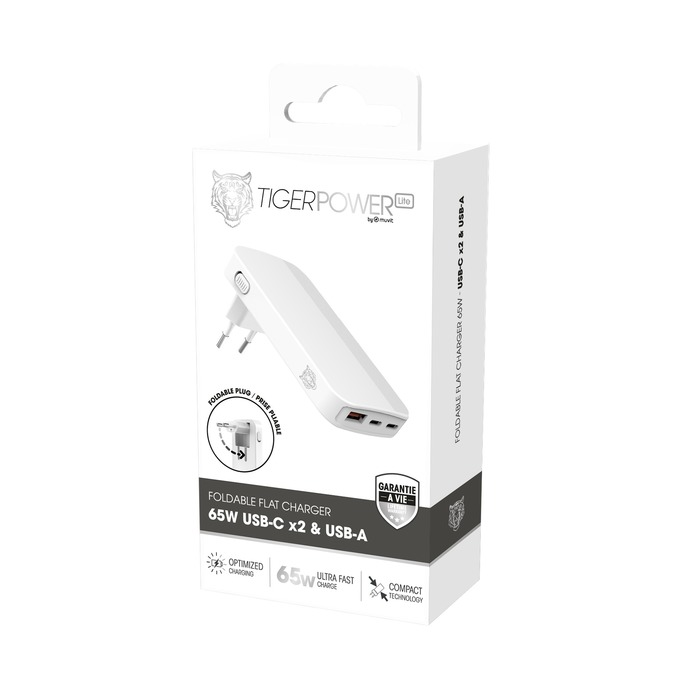 TIGER POWER LITE CHARGEUR SECTEUR PLAT PLIABLE 65W USB-C USB-A