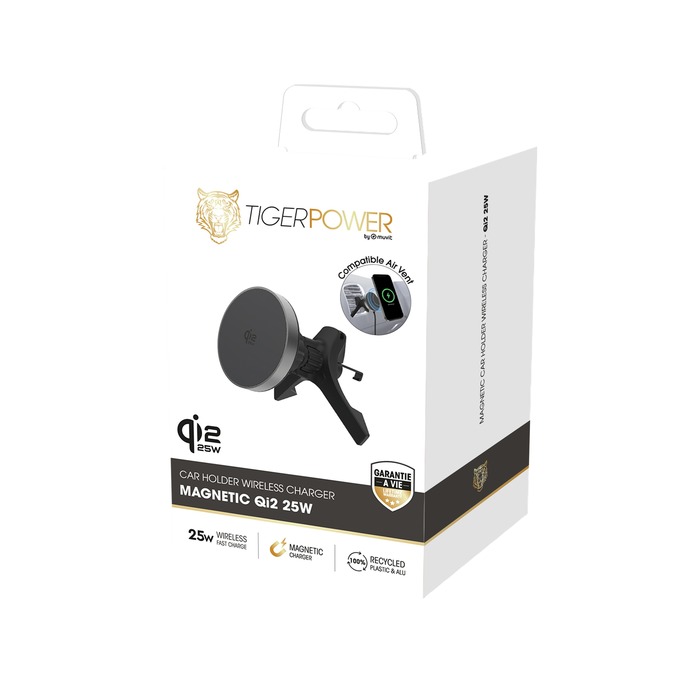 TIGER POWER SUPPORT VOITURE CHARGEUR QI2 25W GRILLE D'AERATION GRIS