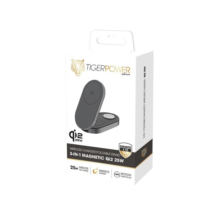TIGER POWER CHARGEUR SANS FIL QI2 25W 3 EN 1 PLIABLE GRIS