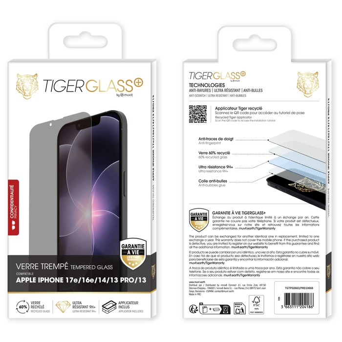 TIGER GLASS PLUS VT RECYCLE CONFIDENTIEL IPHONE 17E/16E/14/13 PRO/13
