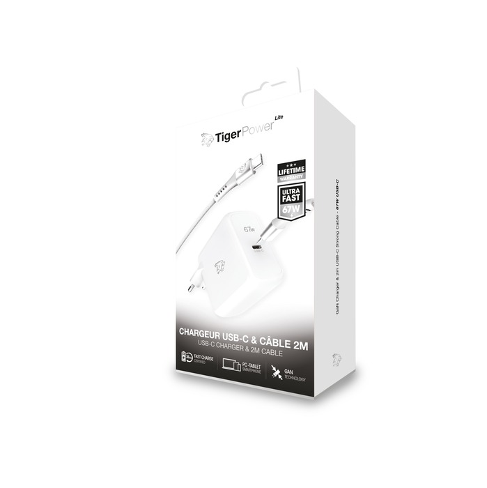 TIGER POWER LITE PACK CHARGEUR SECTEUR GAN 67W + CABLE USB-C 2M BLANC