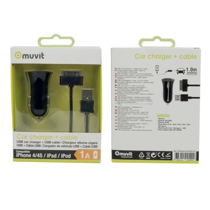 SPRING PACK CHARGEUR VOITURE 1USB +CABLE 1A USB/30 PIN 1M NOIR