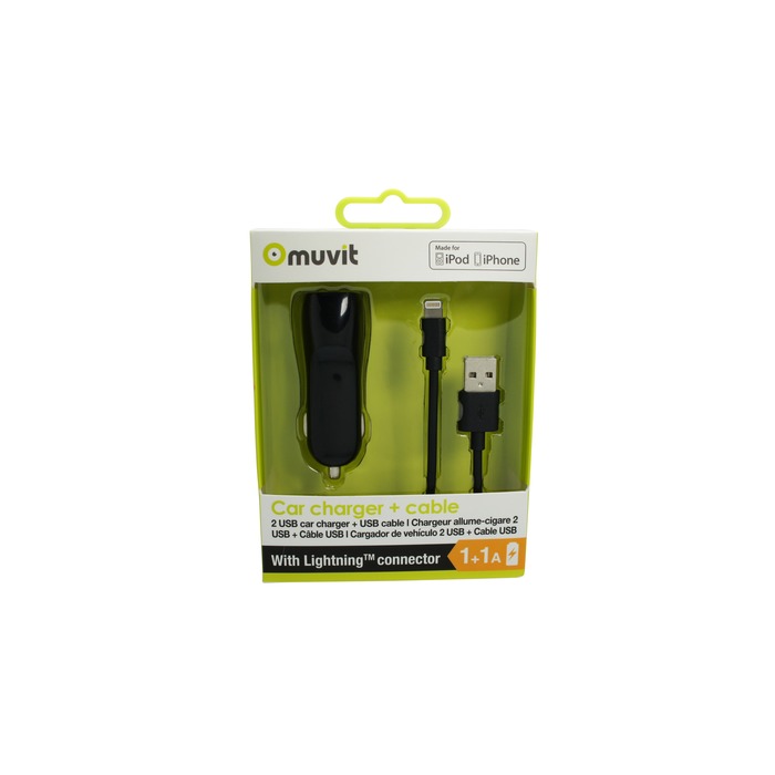 SPRING PACK CHARGEUR VOITURE 2USB+CABLE 2A USB/LIGHTNING 1M NOIR