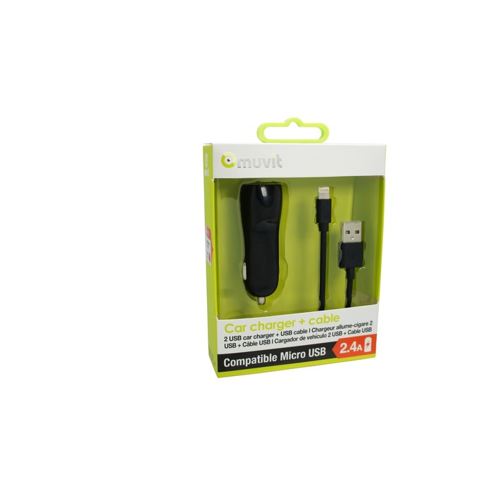 SPRING PACK CHARGEUR VOITURE 2USB+CABLE 2A USB/LIGHTNING 1M NOIR