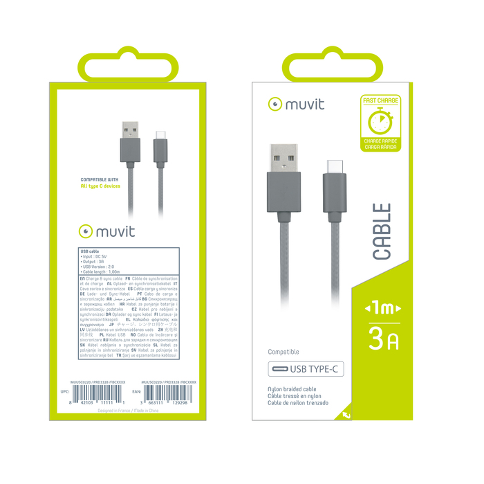 TAB CABLE TRESSE METAL 3A TYPE C 1M ANTHRACITE