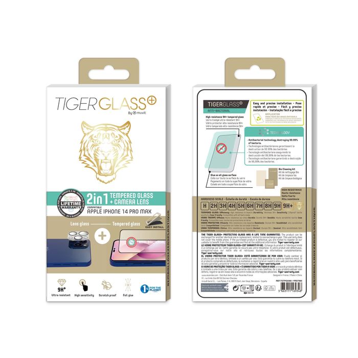 TIGER GLASS PLUS PACK LENTE CAMARA+TPG ANTIBACTERIAS IPHONE 14 PRO MAX