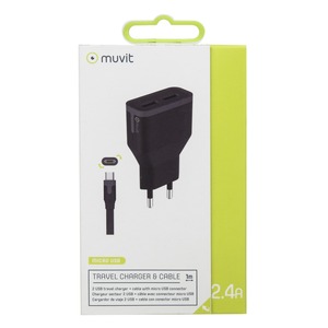 TAB PACK MAINS CHARGER 2USB+CABLE 2.4A USB/MICRO-USB 1M BLACK