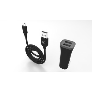 TAB PACK CAR CHARGER 2USB+CABLE 2.4A USB/TYPE C 1M BLACK